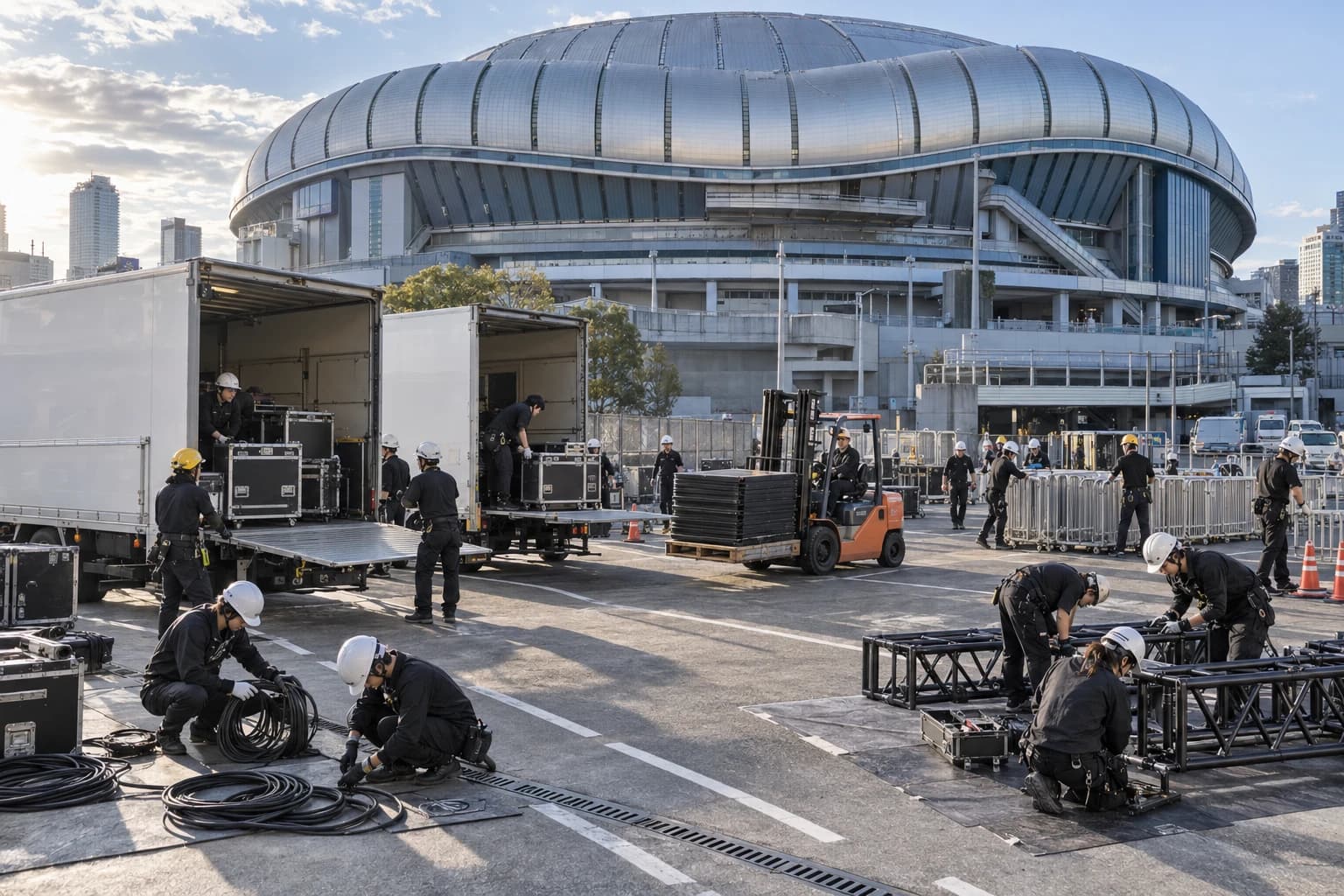 Trucks and crew on the apron outside a domed arena at first light, cases coming off tail lifts and truss being made up on the ground.