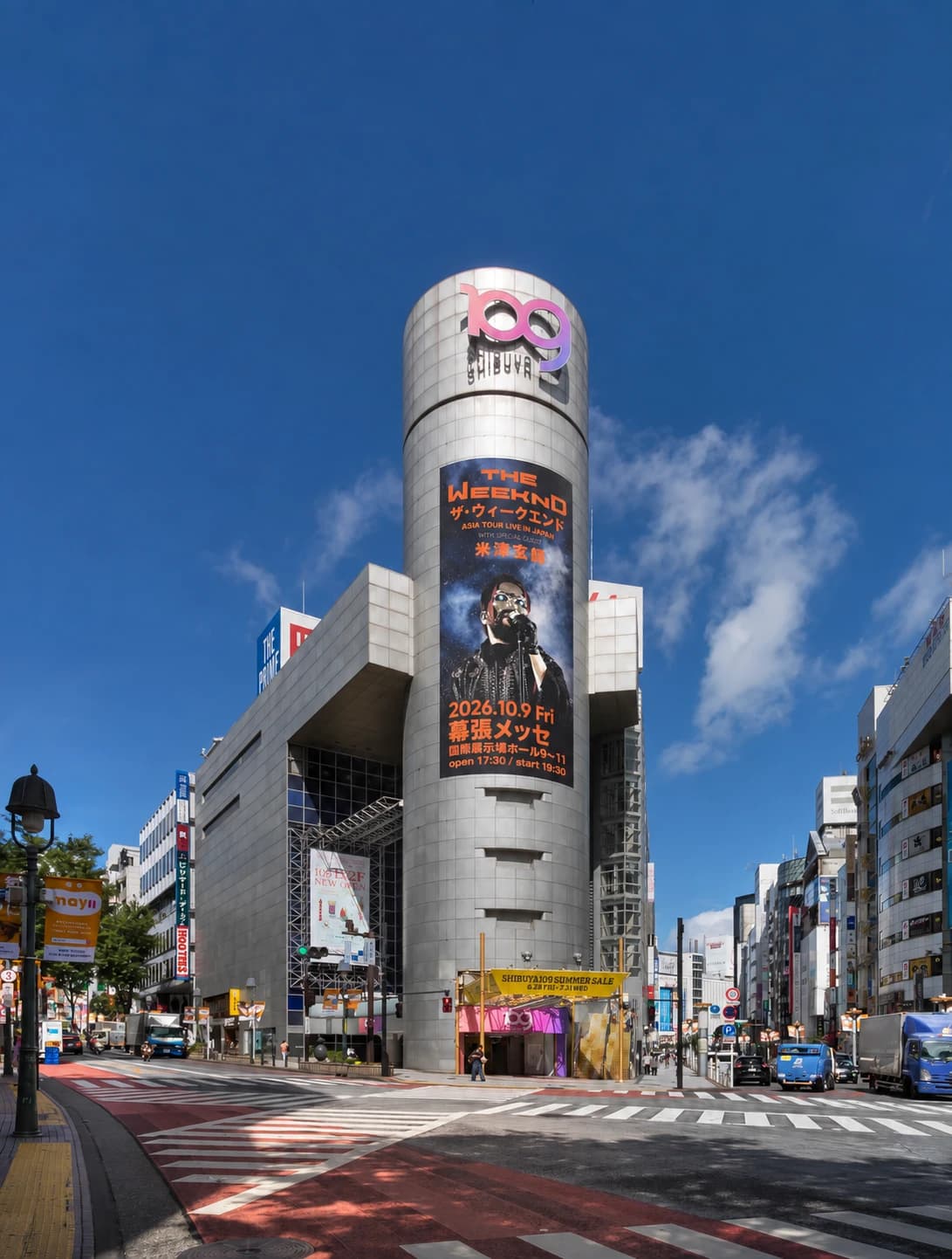 The Weeknd Asia Tour campaign on the tower board at Shibuya 109, shot from the crossing on a clear day