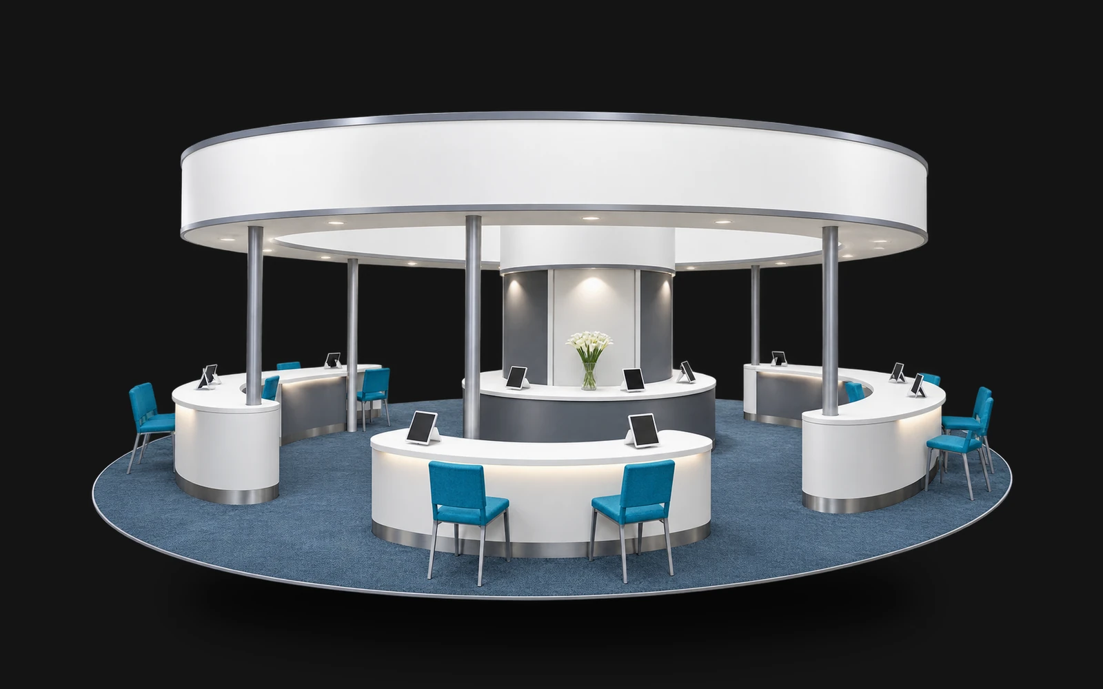 Design render of a circular exhibition stand with curved counters, integrated lighting and a suspended ring fascia