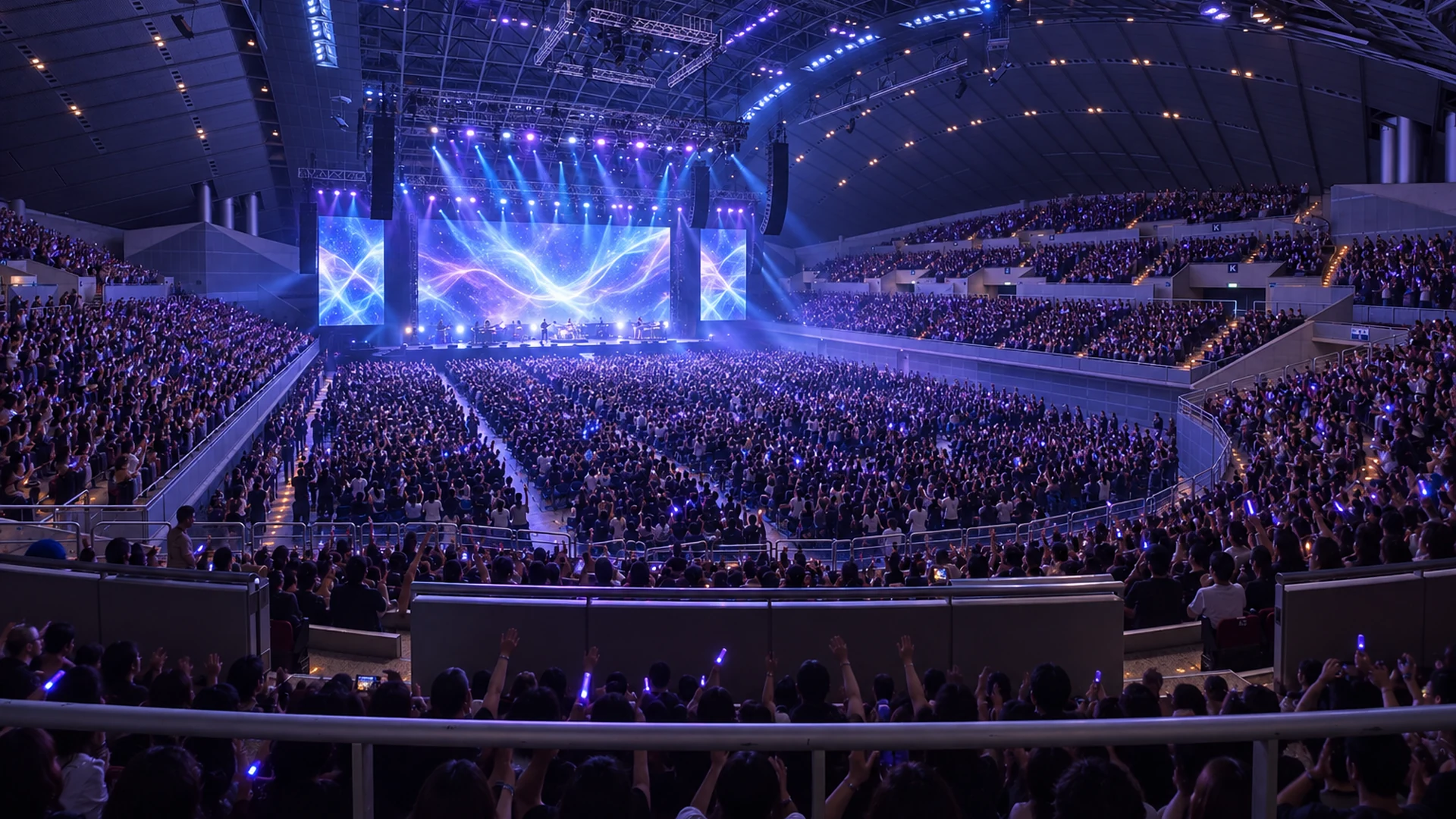 Full arena in Japan mid-show, stage LED and lighting rig running to a standing crowd