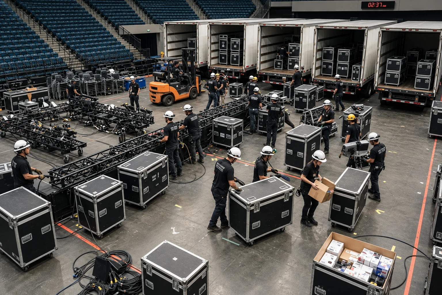 Arena floor mid load-in, seen from above. Road cases laid out in rows, truss on dollies, a forklift working between open truck tails.
