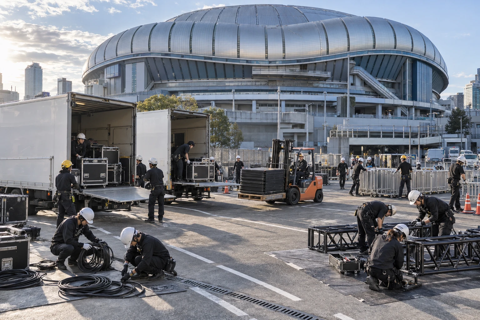 Trucks and crew on the apron outside a domed arena at first light, cases coming off tail lifts and truss being made up on the ground.