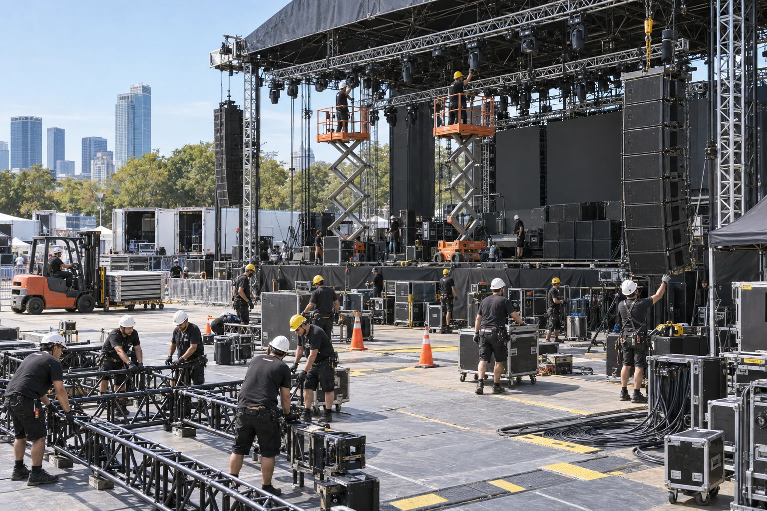 Outdoor stage build under clear sky. Scissor lifts up at the roof truss, line array hung either side, crew assembling deck sections on the ground.