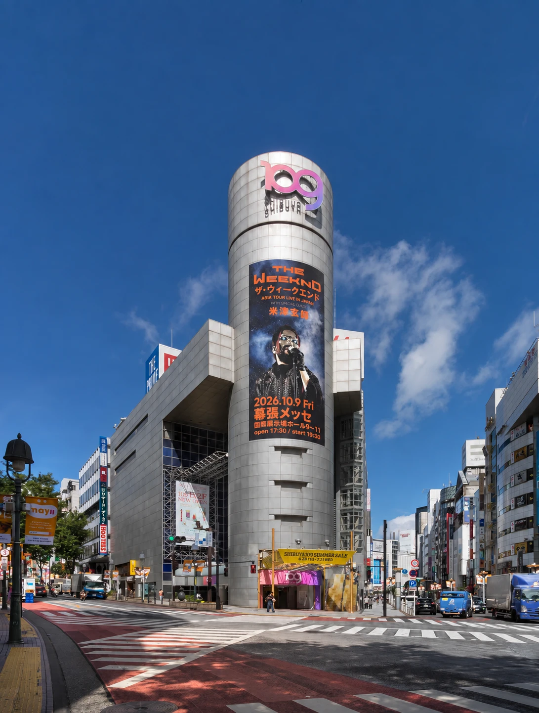 The Weeknd Asia Tour campaign on the tower board at Shibuya 109, shot from the crossing on a clear day